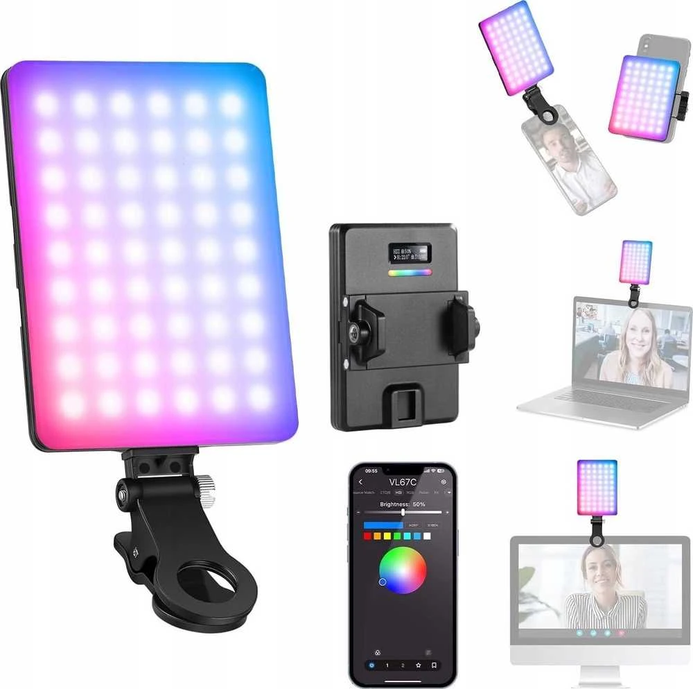„Neewer“ žiedinė RGB LED lempa, 5 W, asmenukių vaizdo įrašų fotografavimui + telefono laikiklis, 1/4 colio ISO, „Bluetooth“ / VL67C