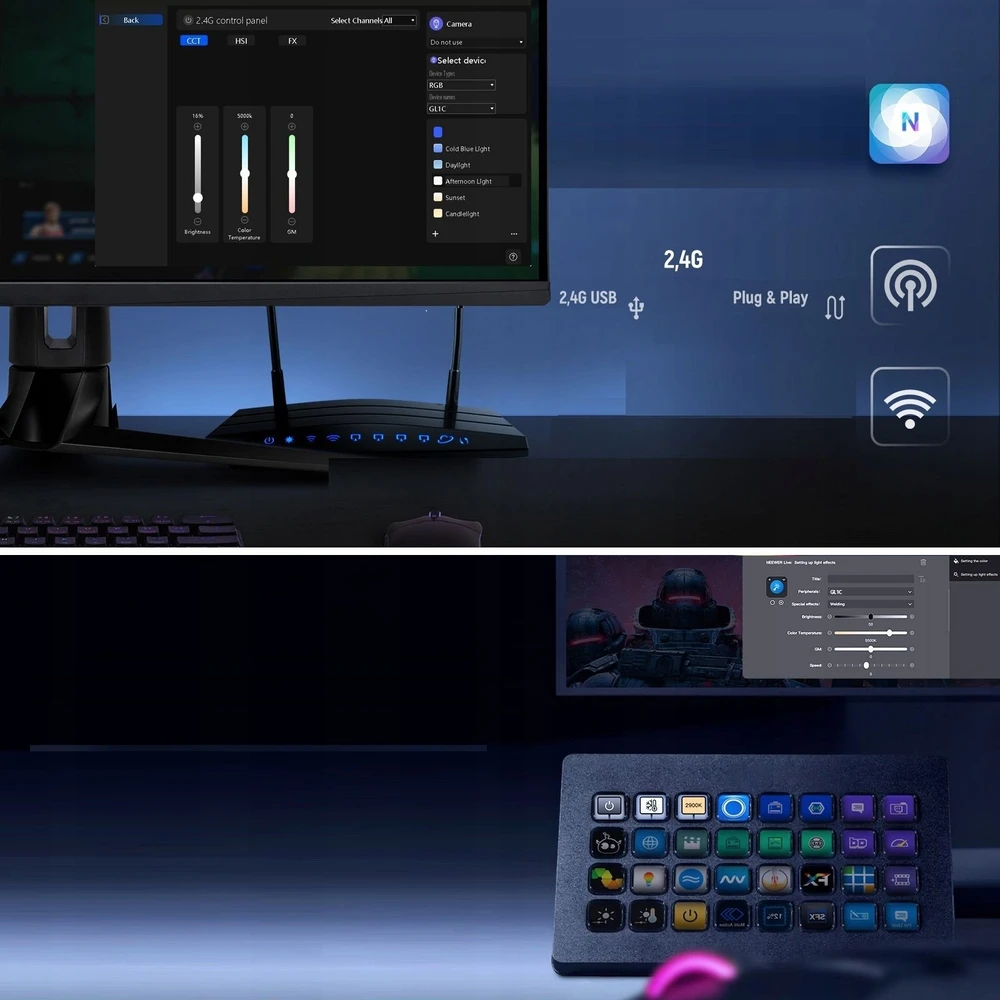 Neewer Galinga LED RGB lemputė 48W + stendas transliacijai ir žaidimams CRI97+ 2.4G Neewer / GL1C / 10102872