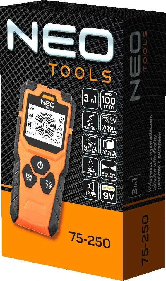 Neo Tools Laidų ieškiklis NEO 75-250 3 in 1: metalo, laidų ir medienos detektorius
