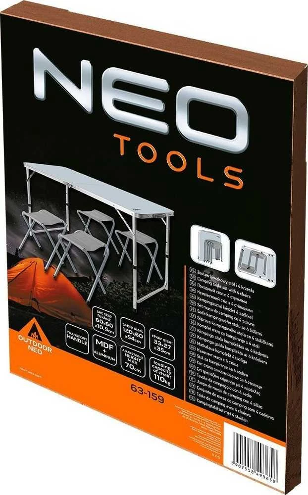 Neo Tools Rinkinys Kempingo komplektas: stalas ir 4 kėdės, sulankstomos į lagaminą