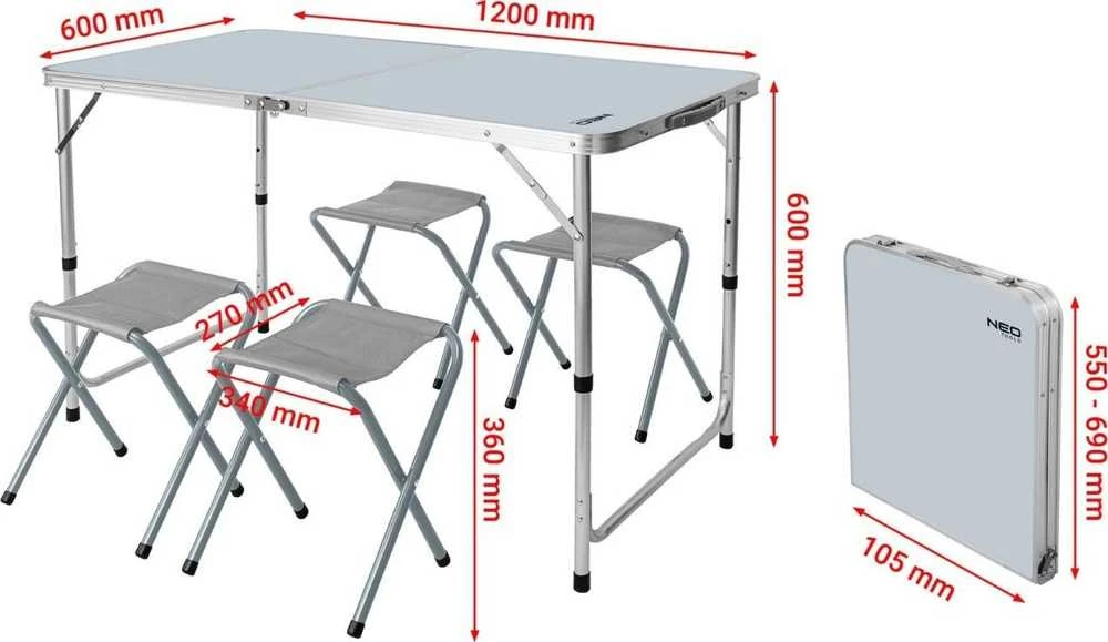 Neo Tools Rinkinys Kempingo komplektas: stalas ir 4 kėdės, sulankstomos į lagaminą