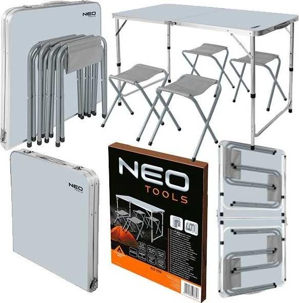Neo Tools Rinkinys Kempingo komplektas: stalas ir 4 kėdės, sulankstomos į lagaminą