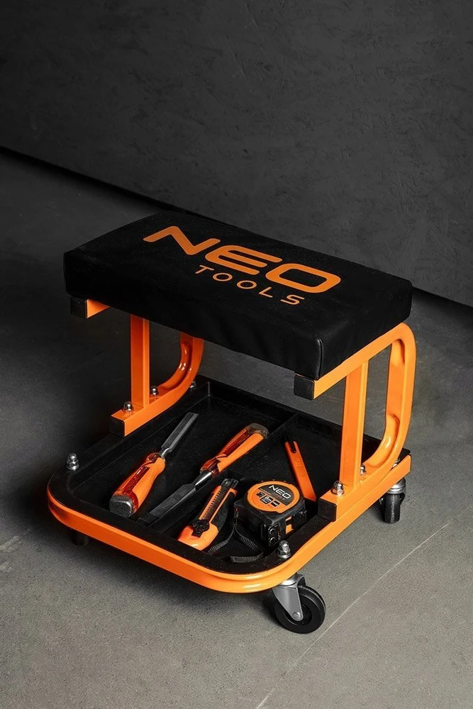 Neo Tools Stołek Darbo kėdė ant ratukų su įrankių lentyna