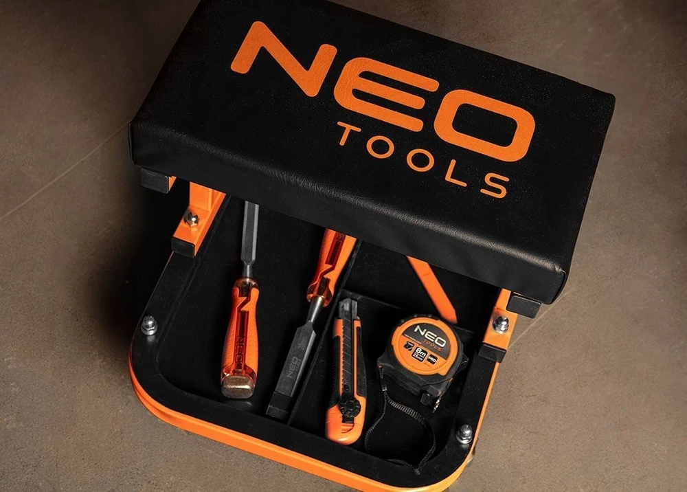 Neo Tools Stołek Darbo kėdė ant ratukų su įrankių lentyna