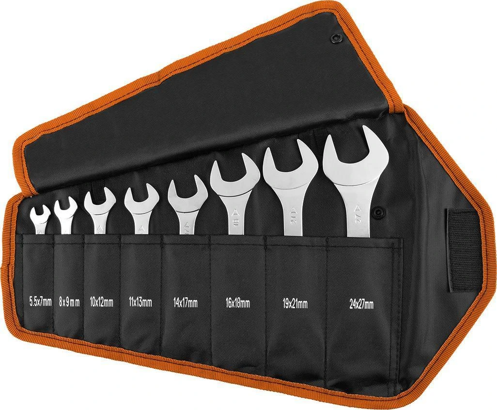 Neo Tools Klucze Dvipusiai atviri raktai, itin ploni, 5,5 x 27 mm, 8 vnt. rinkinys, medžiaginis dėklas