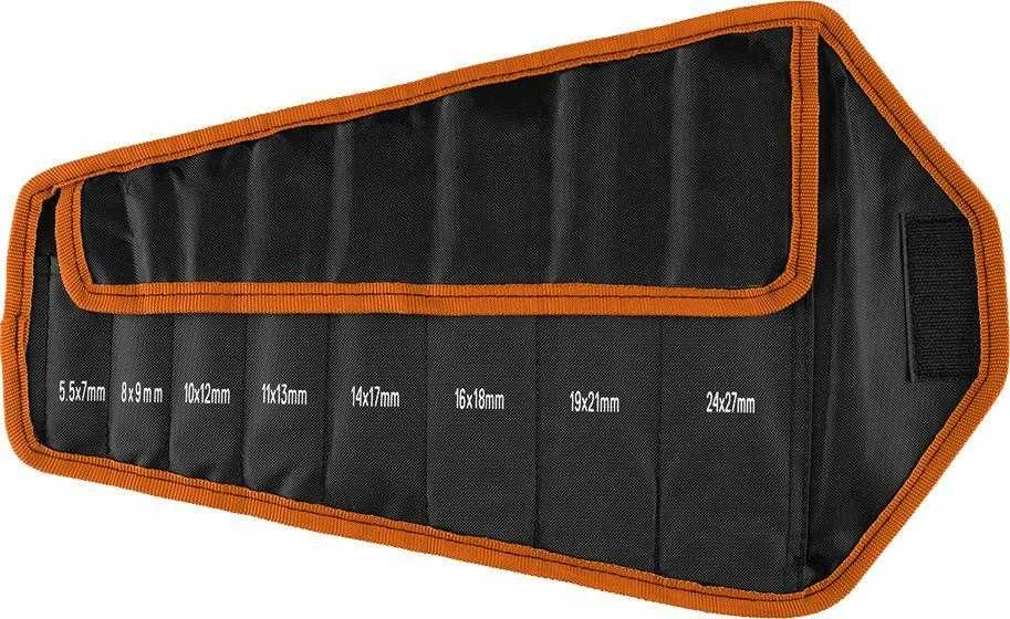 Neo Tools Klucze Dvipusiai atviri raktai, itin ploni, 5,5 x 27 mm, 8 vnt. rinkinys, medžiaginis dėklas