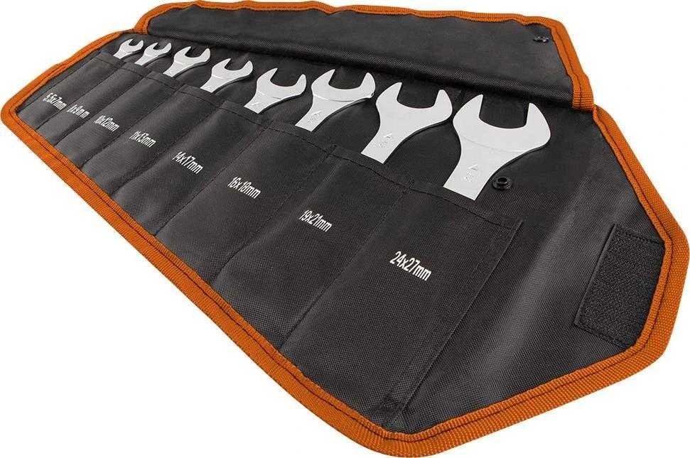 Neo Tools Klucze Dvipusiai atviri raktai, itin ploni, 5,5 x 27 mm, 8 vnt. rinkinys, medžiaginis dėklas