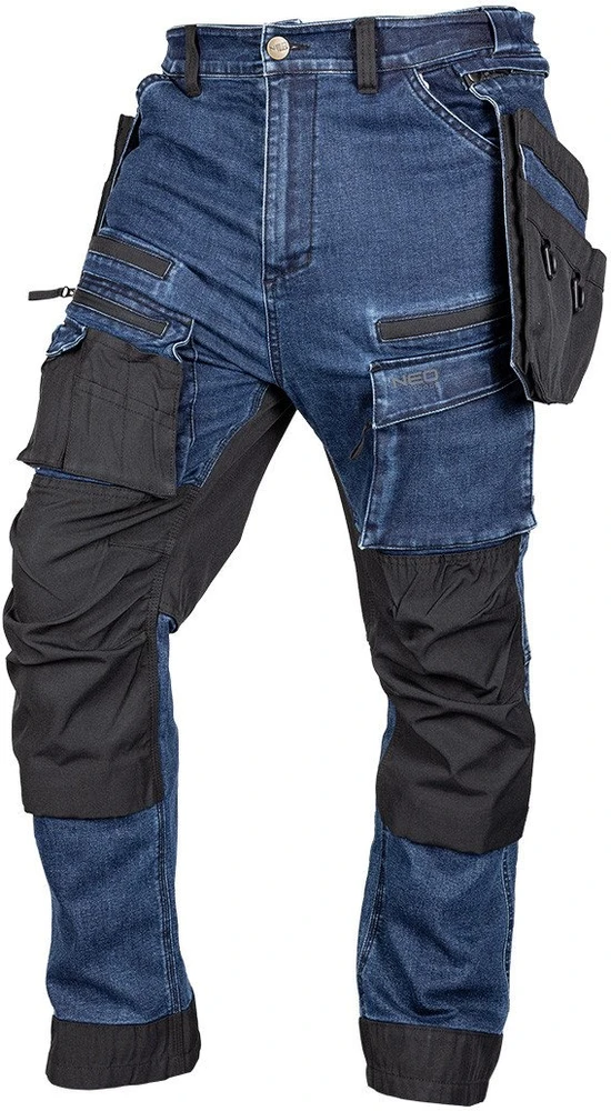 Neo Tools Kelnės Džinsinės darbo kelnės, sutvirtintos „Cordura“ audiniu, nuimamos kišenės dėklams, tamsiai mėlynos, XXL dydis