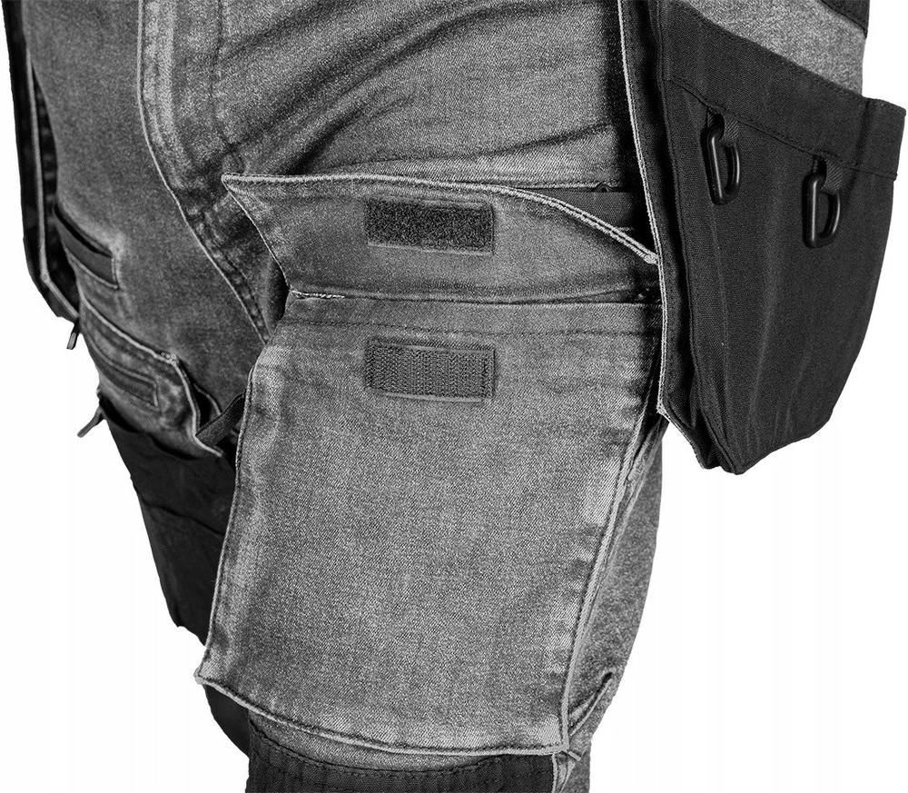 Neo Tools Kelnės Džinsinės darbo kelnės, sutvirtintos „Cordura“ audiniu, nuimamos kišenės dėklams, pilkos, XXXL dydis
