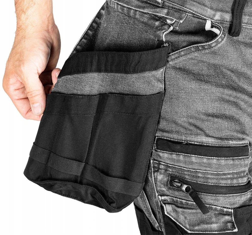 Neo Tools Kelnės Džinsinės darbo kelnės, sutvirtintos „Cordura“ audiniu, nuimamos kišenės dėklams, pilkos, XXXL dydis