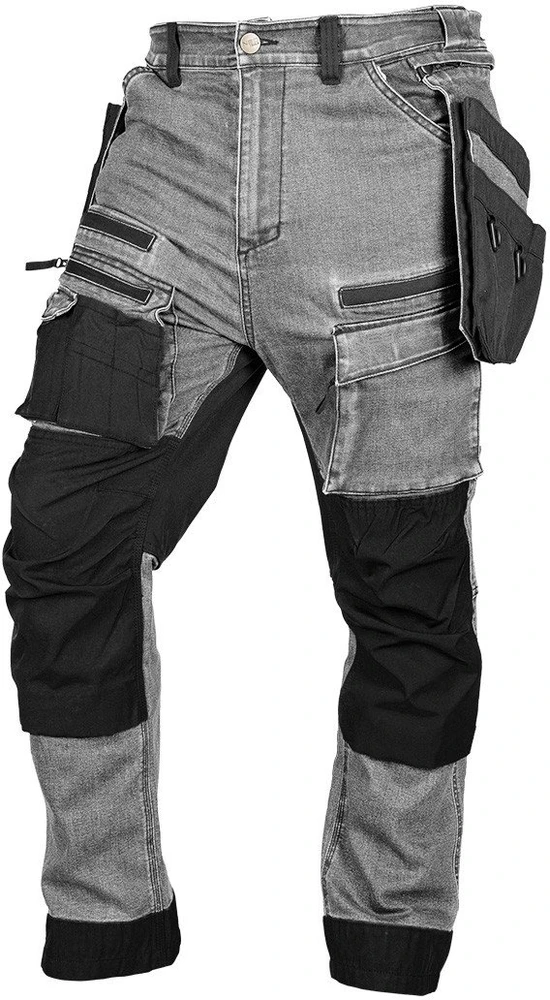 Neo Tools Kelnės Džinsinės darbo kelnės, sutvirtintos „Cordura“ audiniu, nuimamos kišenės dėklams, pilkos, S dydis