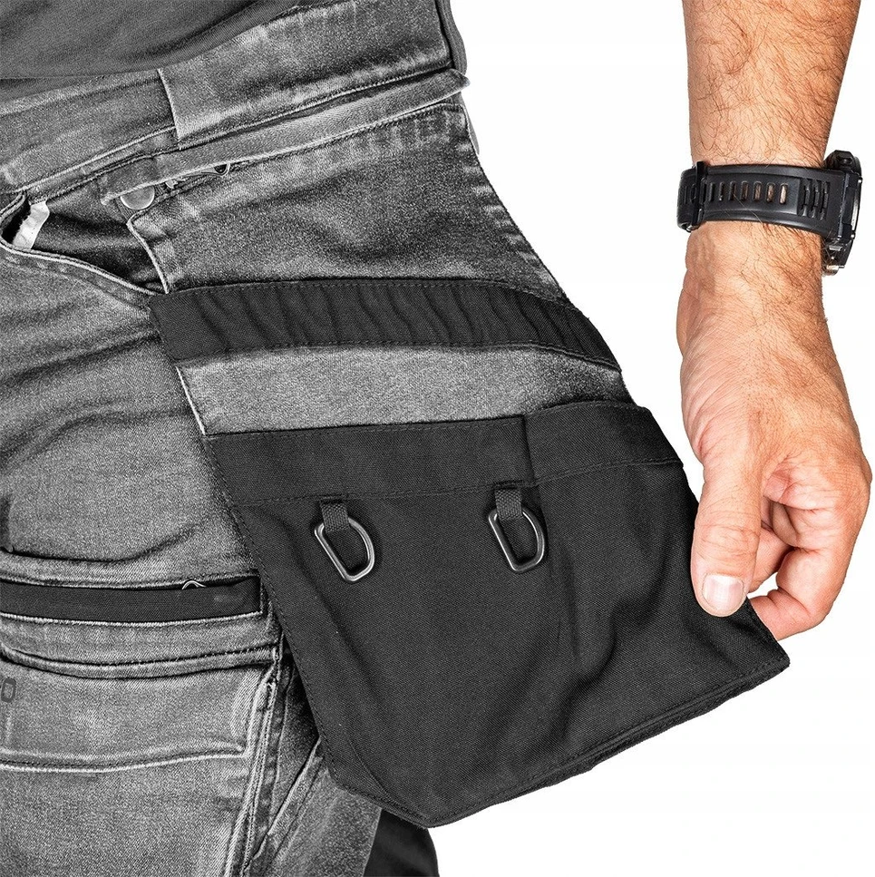 Neo Tools Kelnės Džinsinės darbo kelnės, sutvirtintos „Cordura“ audiniu, nuimamos kišenės dėklams, pilkos, M dydis