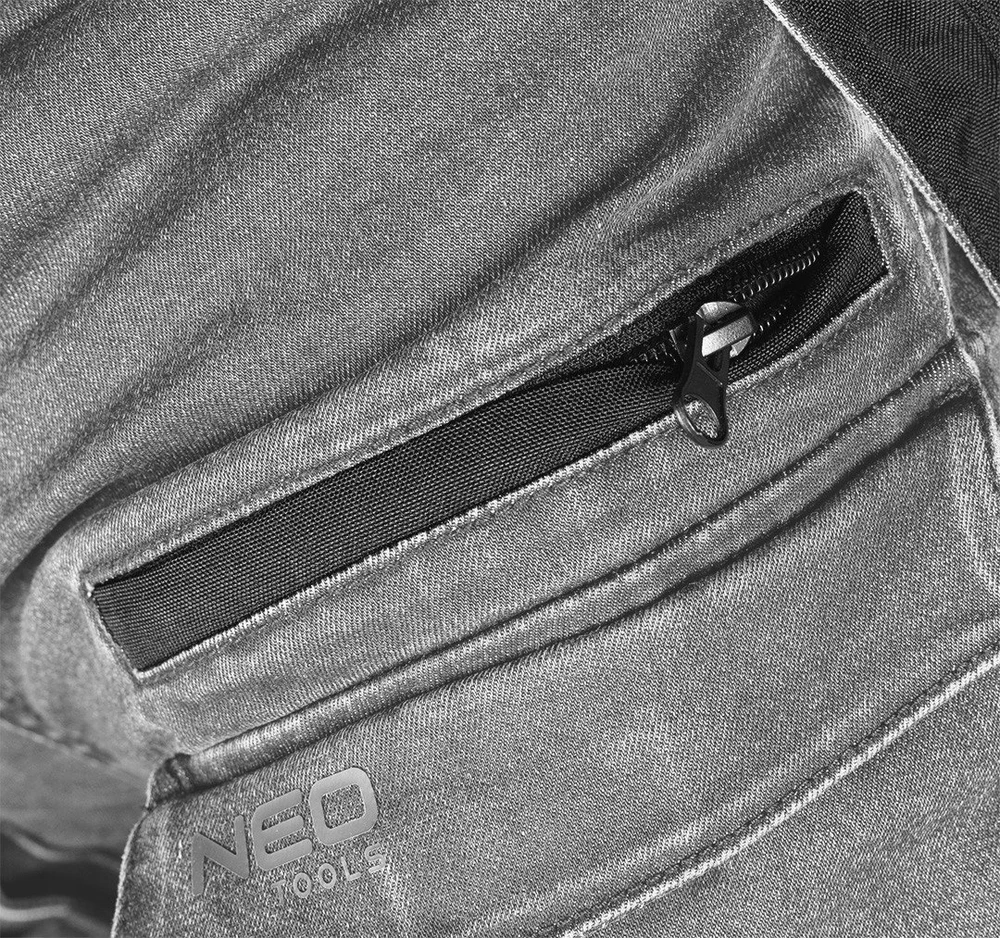 Neo Tools Kelnės Džinsinės darbo kelnės, sutvirtintos „Cordura“ audiniu, nuimamos kišenės dėklams, pilkos, XS dydis