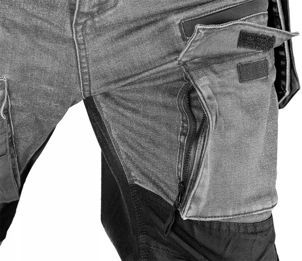 Neo Tools Kelnės Džinsinės darbo kelnės, sutvirtintos „Cordura“ audiniu, nuimamos kišenės dėklams, pilkos, M dydis