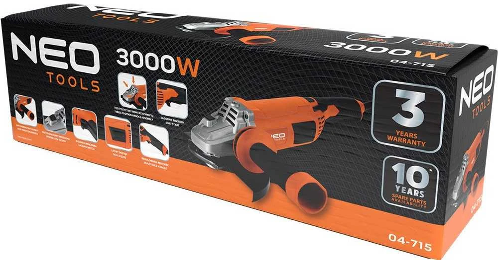 Neo Tools Šlifuoklis 3000 W kampinis šlifuoklis, diskas 230 x 22,2 mm, greitis 6600 min-1