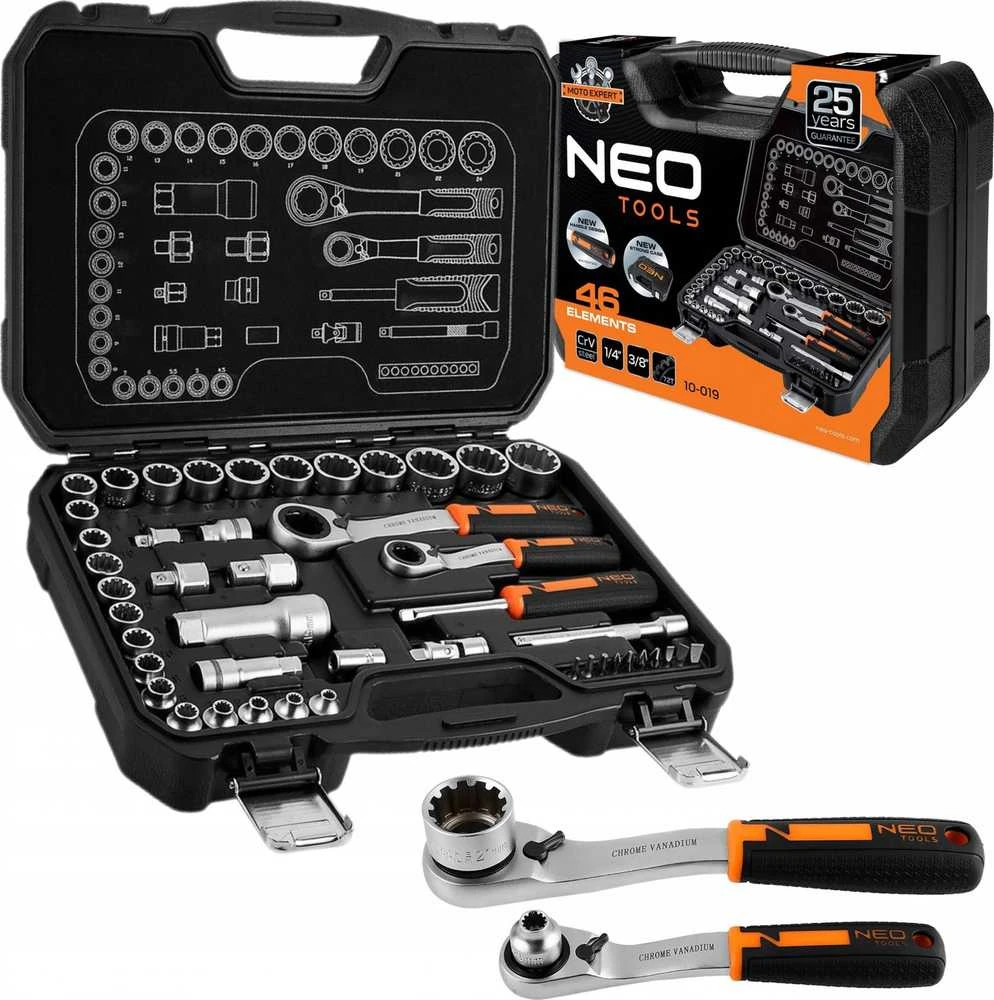 Neo Tools Rinkinys 1/4", 3/8", 46 vnt. CrV praleidžiamųjų galvučių rinkinys