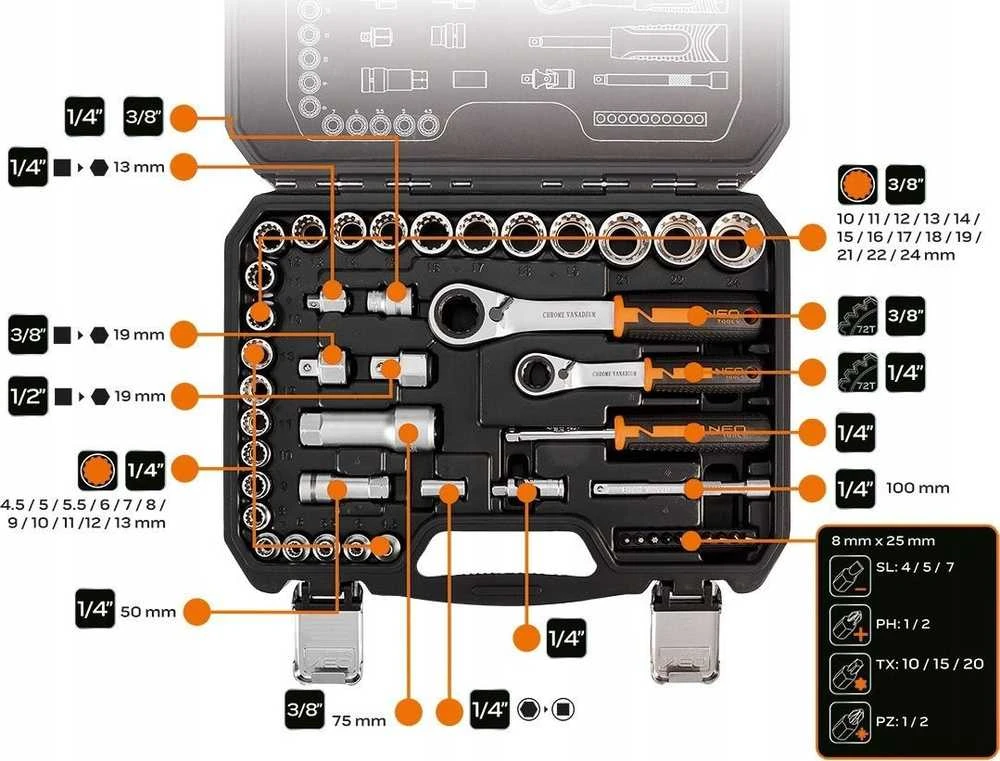 Neo Tools Rinkinys 1/4", 3/8", 46 vnt. CrV praleidžiamųjų galvučių rinkinys