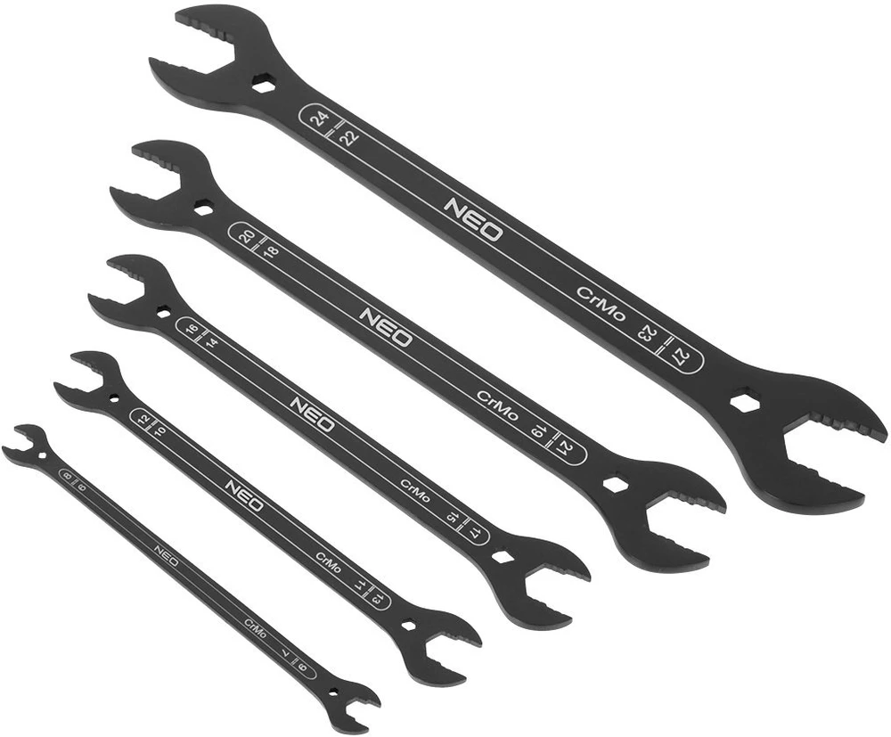 Neo Tools Klucze Dvipusiai itin ploni atviri veržliarakčiai, 4 viename, 6–27 mm (20 dydžių), 5 vnt. rinkinys.