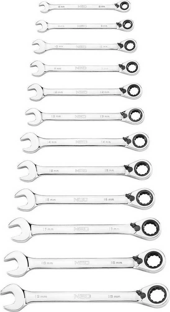 Neo Tools Klucze Kombinuoti veržliarakčiai su terkšle ir jungikliu, 12 dalių rinkinys, 8–19 mm, minkštas dėklas