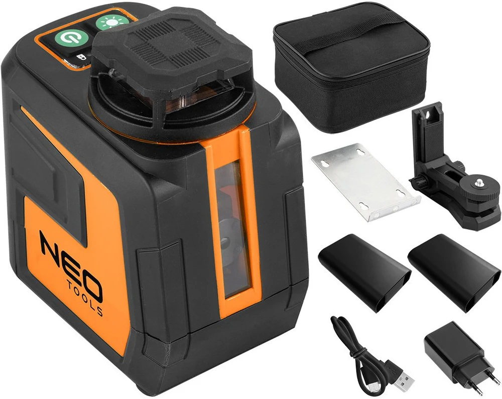 Neo Tools lazerinis 20 m plokštuminis lazeris, 5 linijos, žalias, dėklas, magnetinis laikiklis