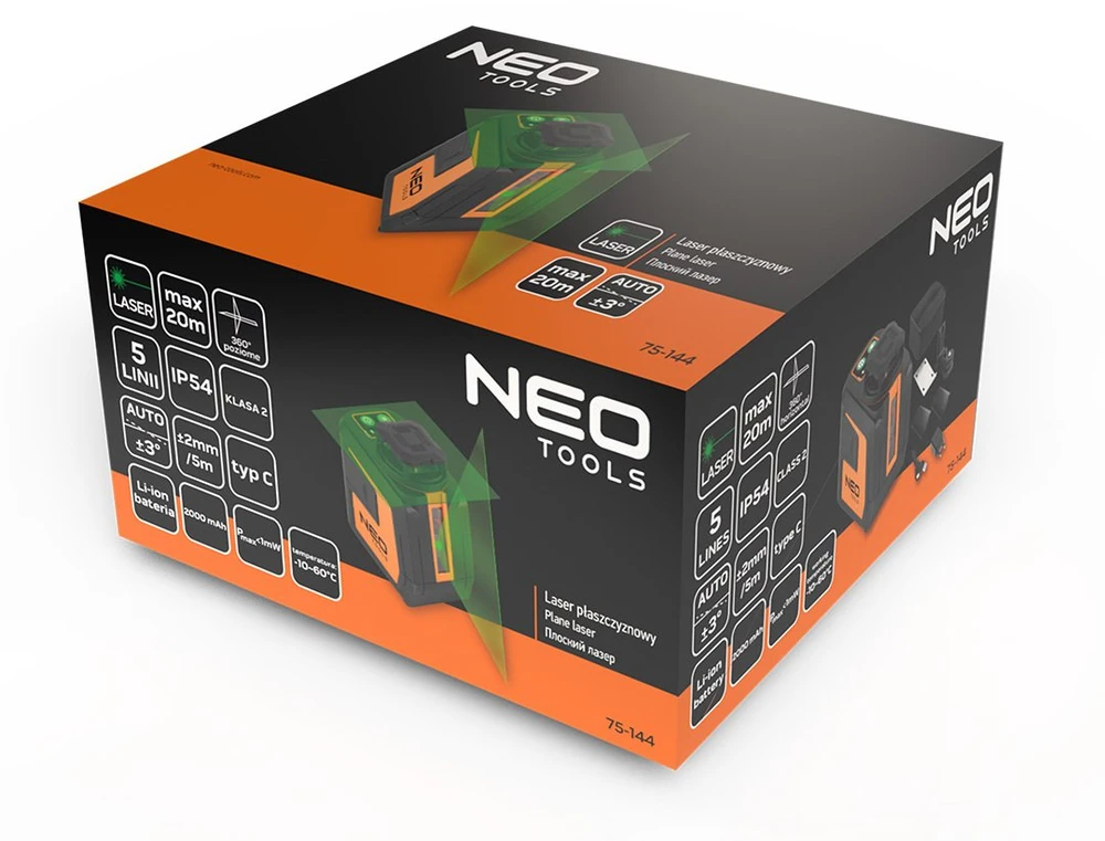 Neo Tools lazerinis 20 m plokštuminis lazeris, 5 linijos, žalias, dėklas, magnetinis laikiklis