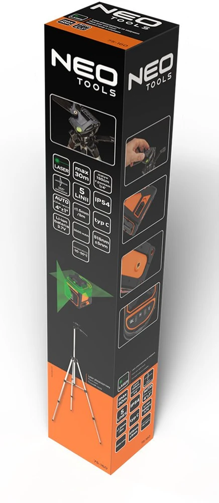 Neo Tools lazerinis 30 m plokštuminis lazeris, 5 linijos, 360° horizontalus, su dėklu ir 1,5 m trikoju