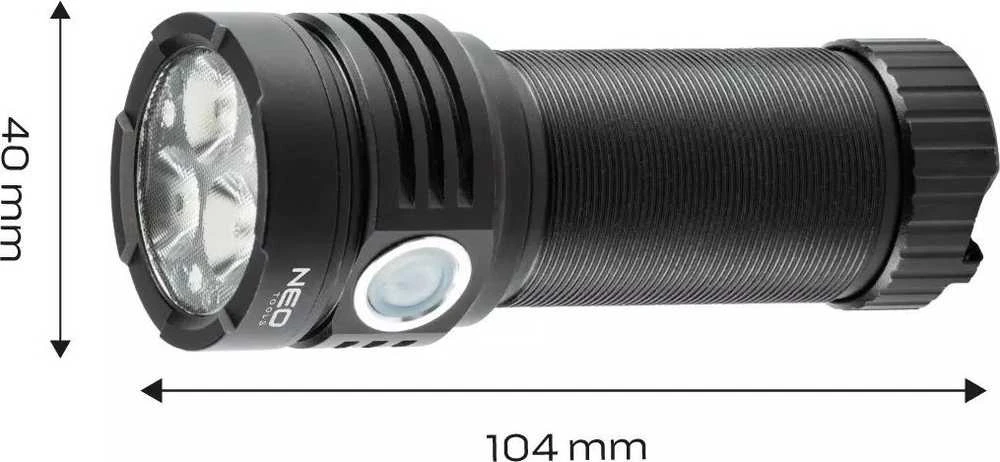 Neo led įkrovimo akumuliatorius, 1x4000 mah, aliuminis, juodas, priartinimo funkcija, 3 tipų apšvietimas, ipx4, usb įkroviklis.