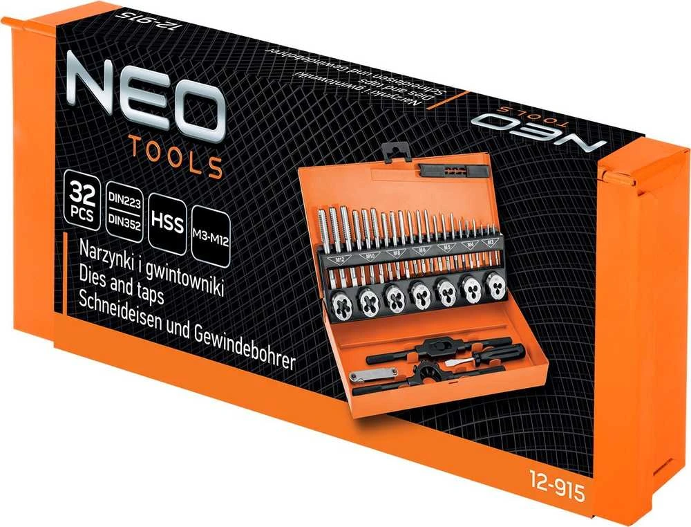 Neo Narzynki M3-M12 štampai ir sriegikliai, 32 dalių HSS rinkinys dėkle