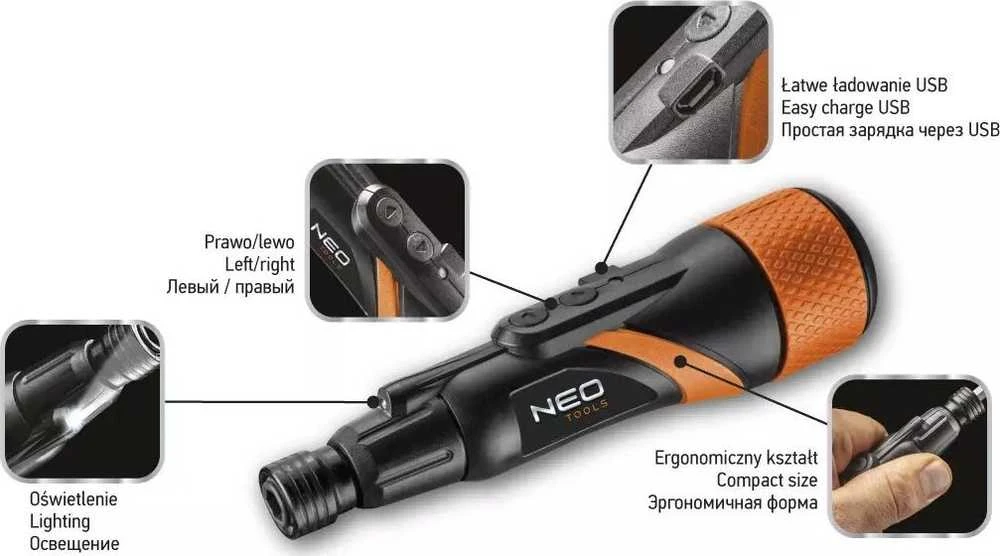 Neo Tools Wkrętak USB-C 3,6 V ličio jonų belaidis atsuktuvas, plastikinė dėžutė + priedai