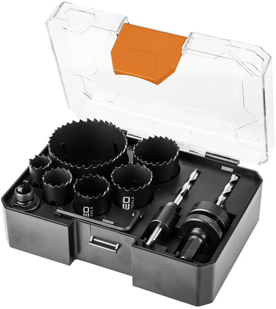 Neo Tools Otwornice Bimetaliniai skylių pjūklai su Co8% (19, 25, 30, 35, 40, 68 mm), 9 dalių rinkinys