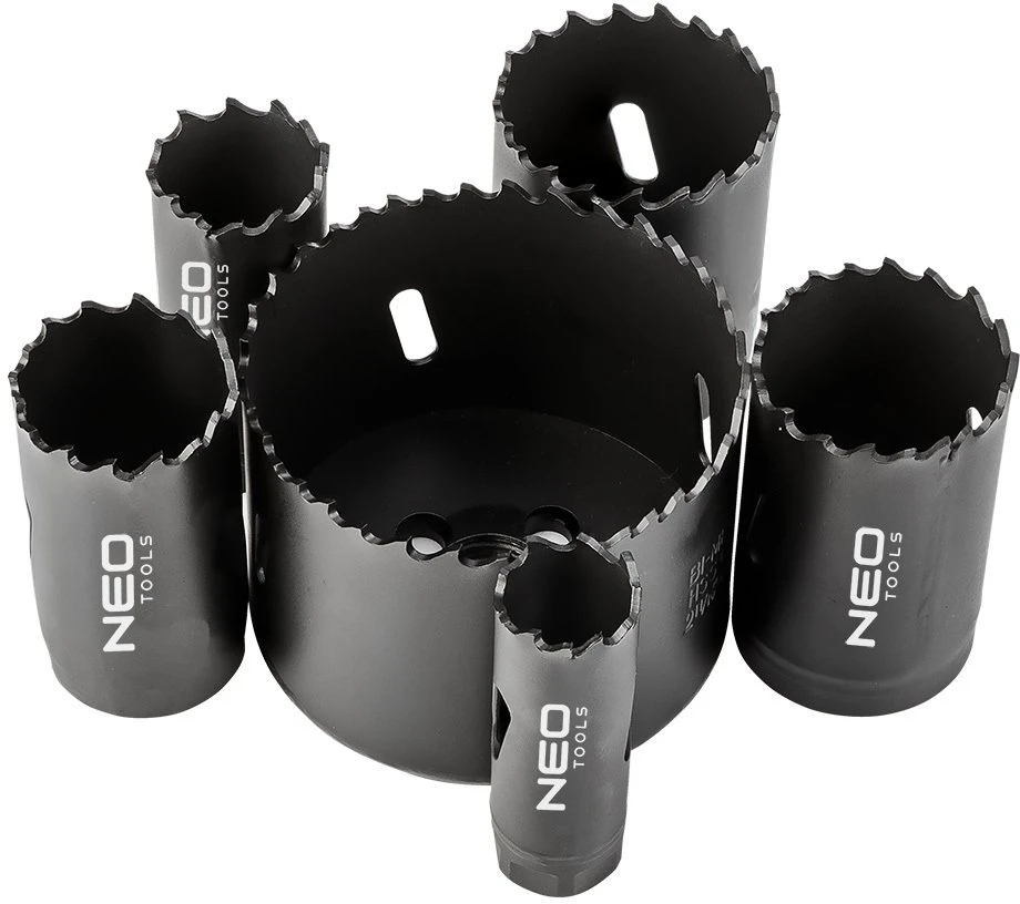Neo Tools Otwornice Bimetaliniai skylių pjūklai su Co8% (19, 25, 30, 35, 40, 68 mm), 9 dalių rinkinys