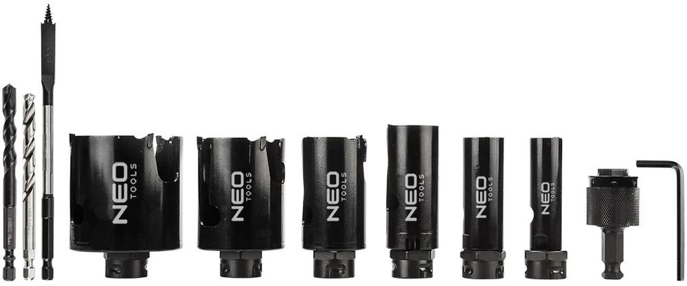 Neo Tools Otwornice Plieniniai skylių pjūklai su kietlydinio antgaliu (20, 25, 32, 38, 51, 64 mm), 11 dalių rinkinys