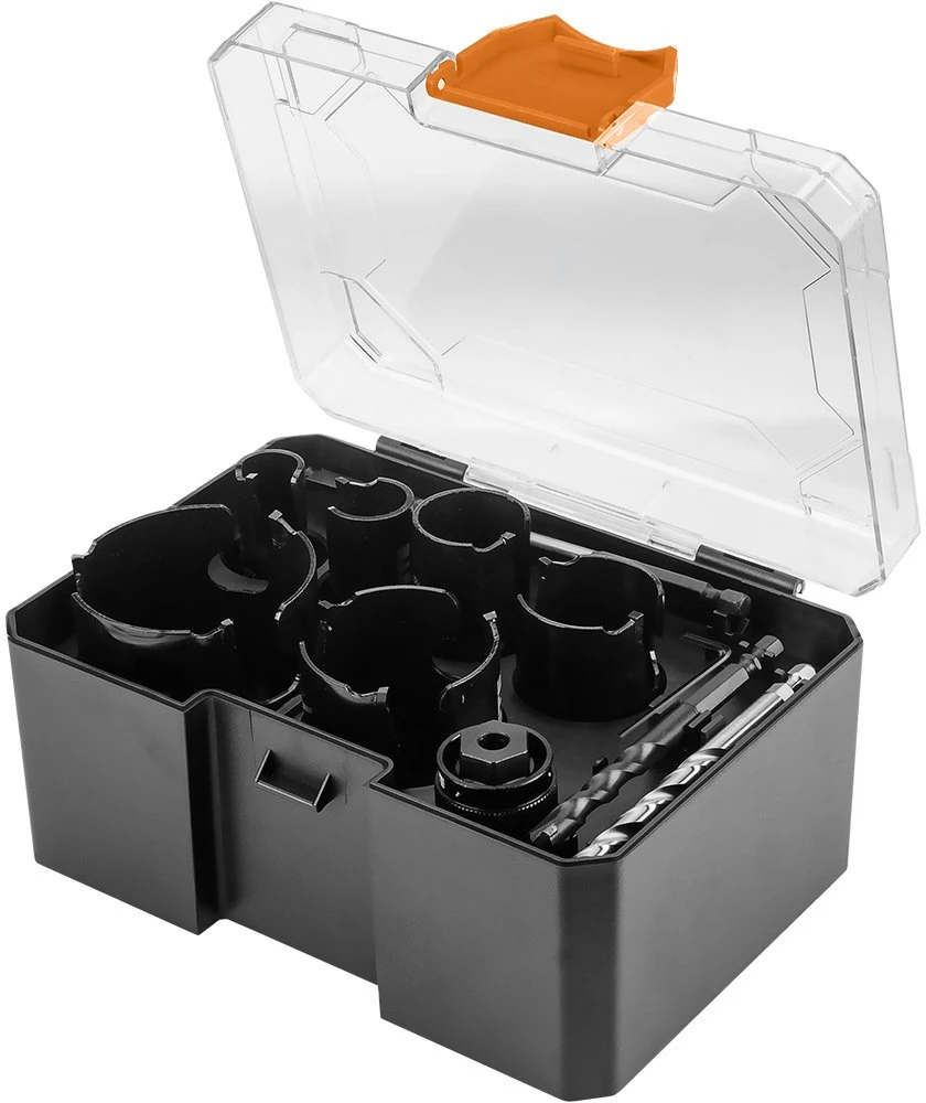 Neo Tools Otwornice Plieniniai skylių pjūklai su kietlydinio antgaliu (20, 25, 32, 38, 51, 64 mm), 11 dalių rinkinys