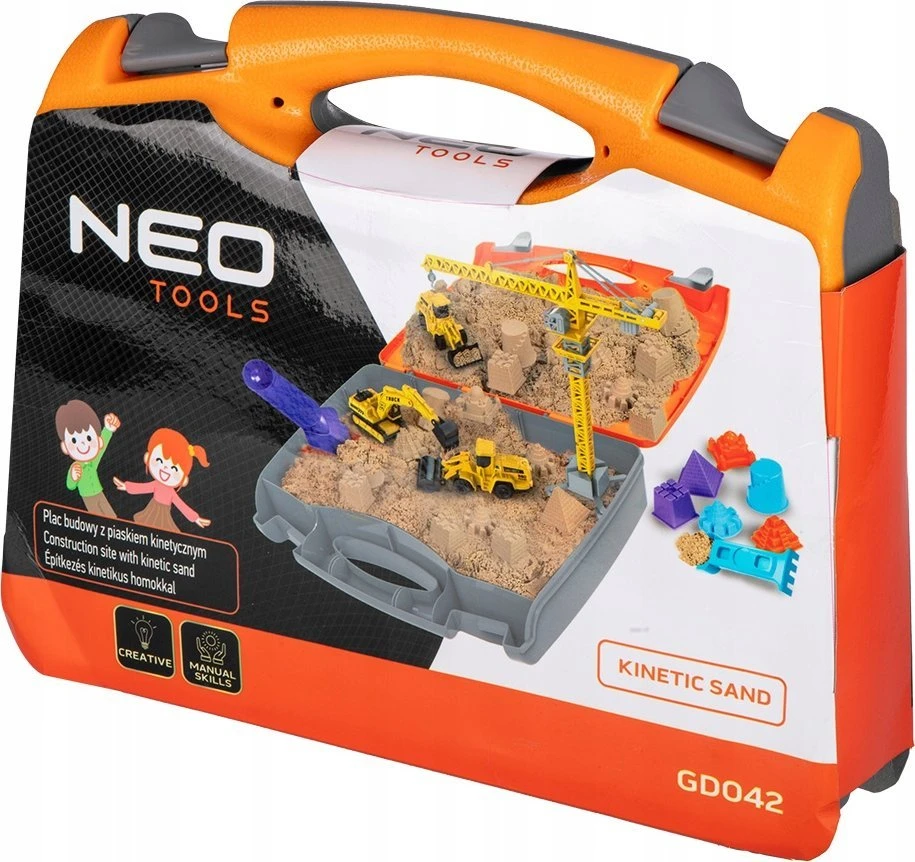 „Neo Tools“ statybvietės kinetinis smėlis, žaislas su lagaminu