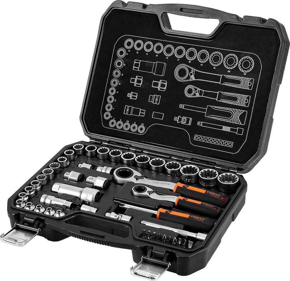 Zestaw Rinkinys 1/4", 3/8", 46 vnt. CrV praleidžiamųjų galvučių rinkinys