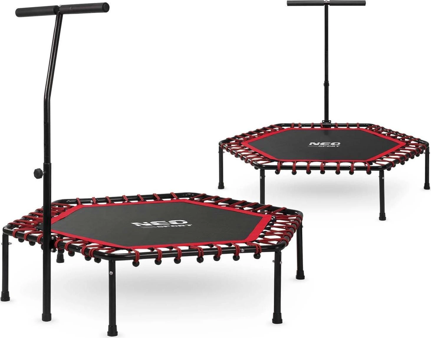 Neo-Sport Fitneso batutas, su rankena, 127 cm šešiakampis, raudonas mini batutas namų naudojimui