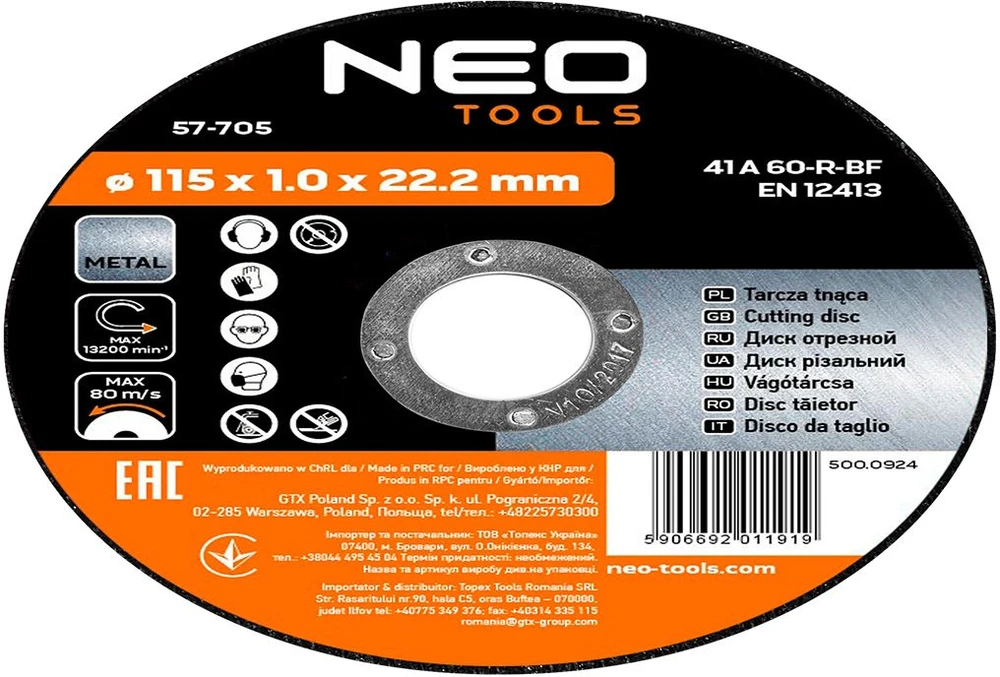 Tarcza Metalo pjovimo diskas 115 x 1,0 x 22,2 mm, 41 A60-R-BF, 10 vnt.