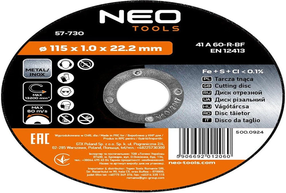 Tarcza Pjovimo diskas metalui 115 x 1,0 x 22,2 mm, 41 A60-R-BF, INOX, 10 vnt.