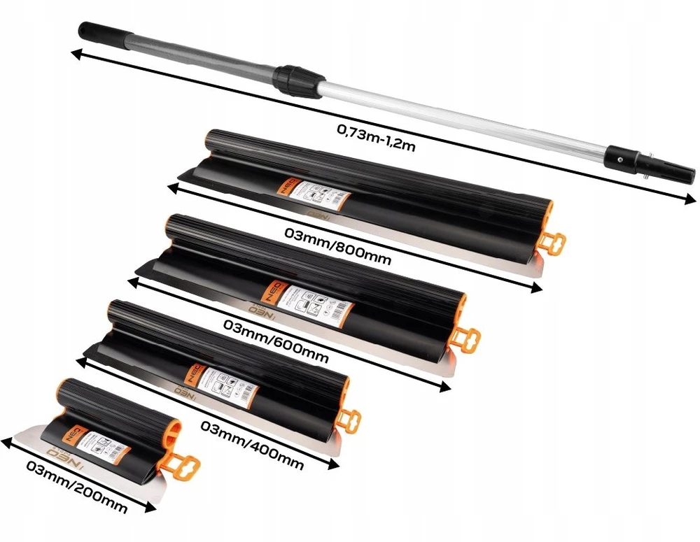 Neo Tools Rinkinys Tinkavimo glaistyklės, teleskopinė rankena, adapteris, tinkavimo volelis, supakuotas dėžėje