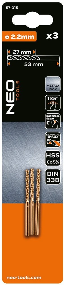 Grąžtas Wiertła HSS-Co metalo grąžtai 2,2 mm, 3 vnt.