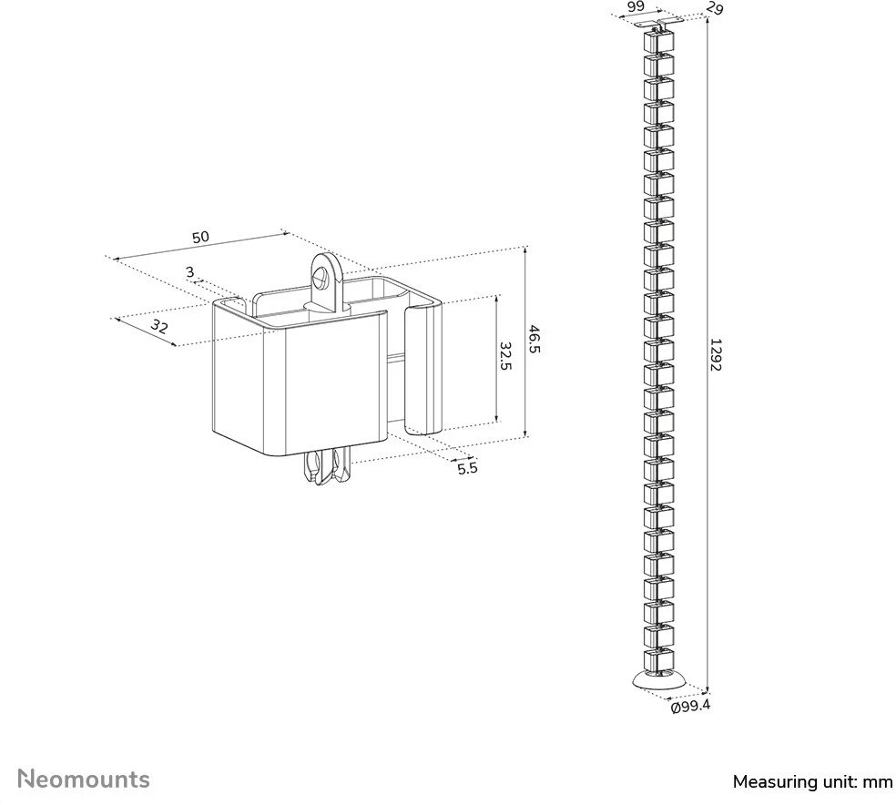 NEOMOUNTS CABLE SPINE ORGANIZER FOR SIT/STAND DESK FRAMES, SCREW MOUNTED, Juodas
