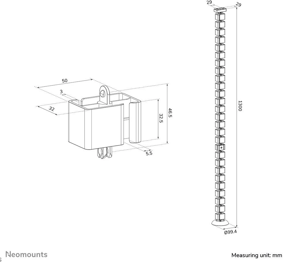 Laikiklis NEOMOUNTS CABLE SPINE ORGANIZER FOR SIT/STAND DESK FRAMES, MAGNET MOUNTED, Juodas