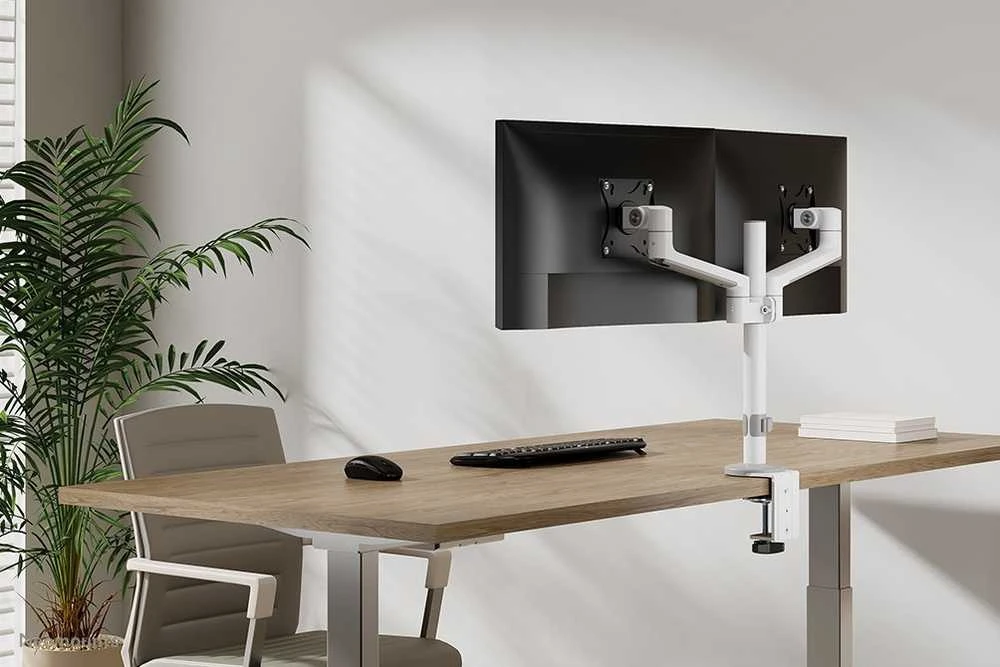 Laikiklis NEOMOUNTS SCREEN STALO MONTAVIMAS DVIEJIEMS MONITORIAMS, Baltas (CLAMP+GROMMET)