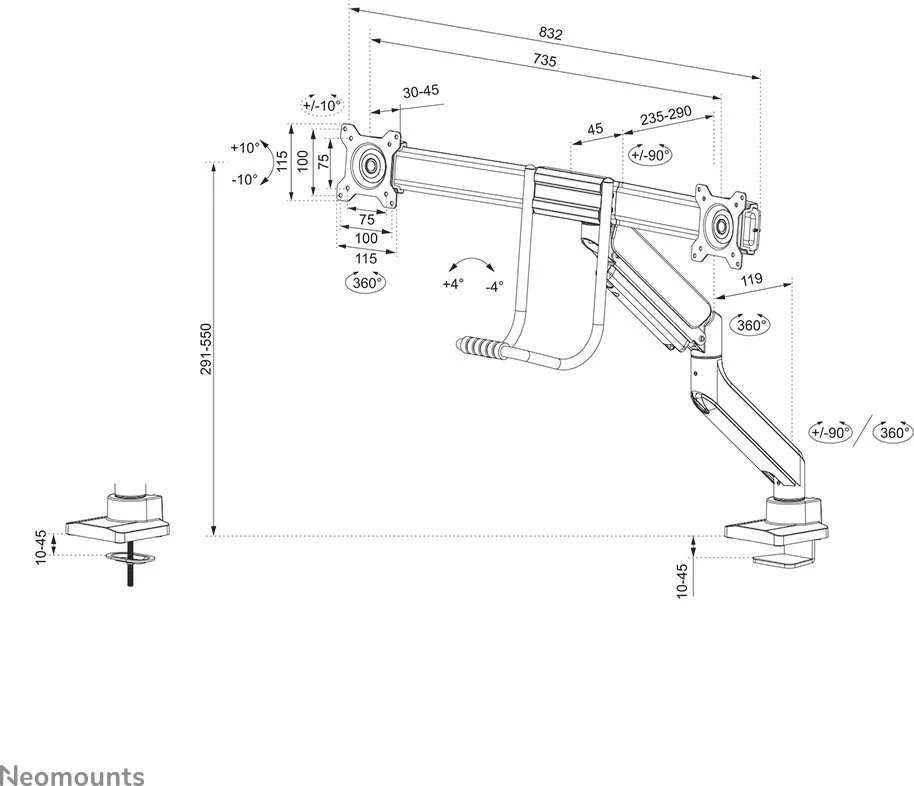 Laikiklis NEOMOUNTS BY NEWSTAR DS75-450BL2 FULL MOTION MONITORIUS DESK MOUNT FOR 17-32" SCREENS - Juodas