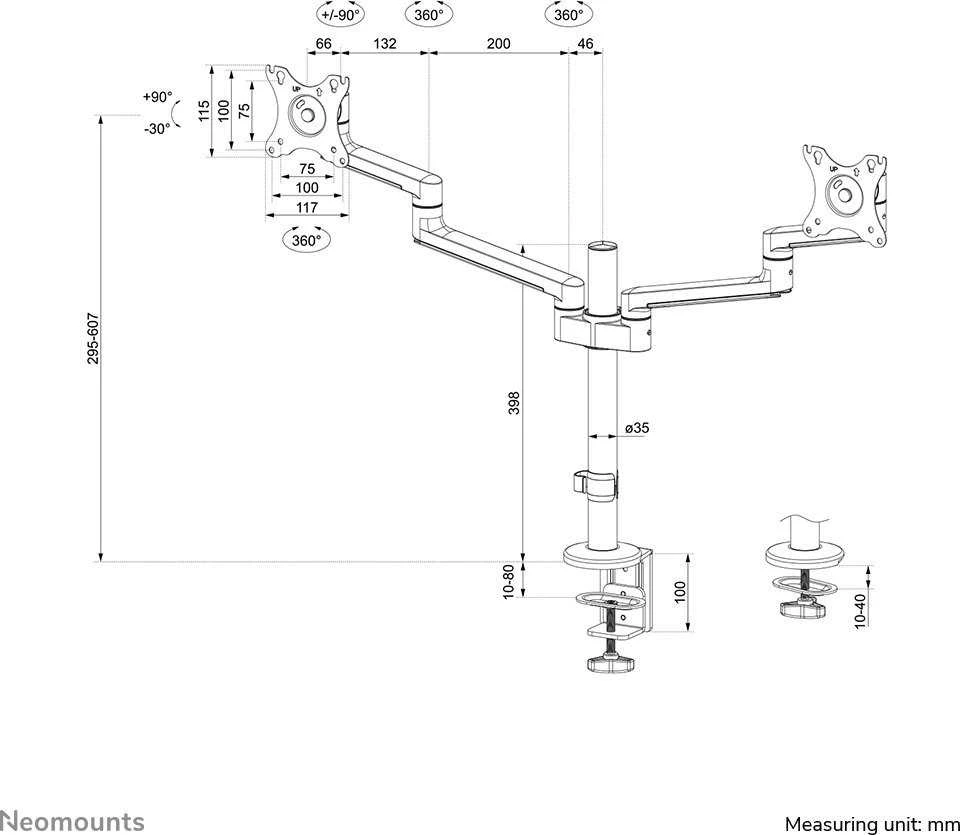 Laikiklis NEOMOUNTS SCREEN STALO MONTUVAS DVIEM EKRANAMS, Juodas (CLAMP+GROMMET)