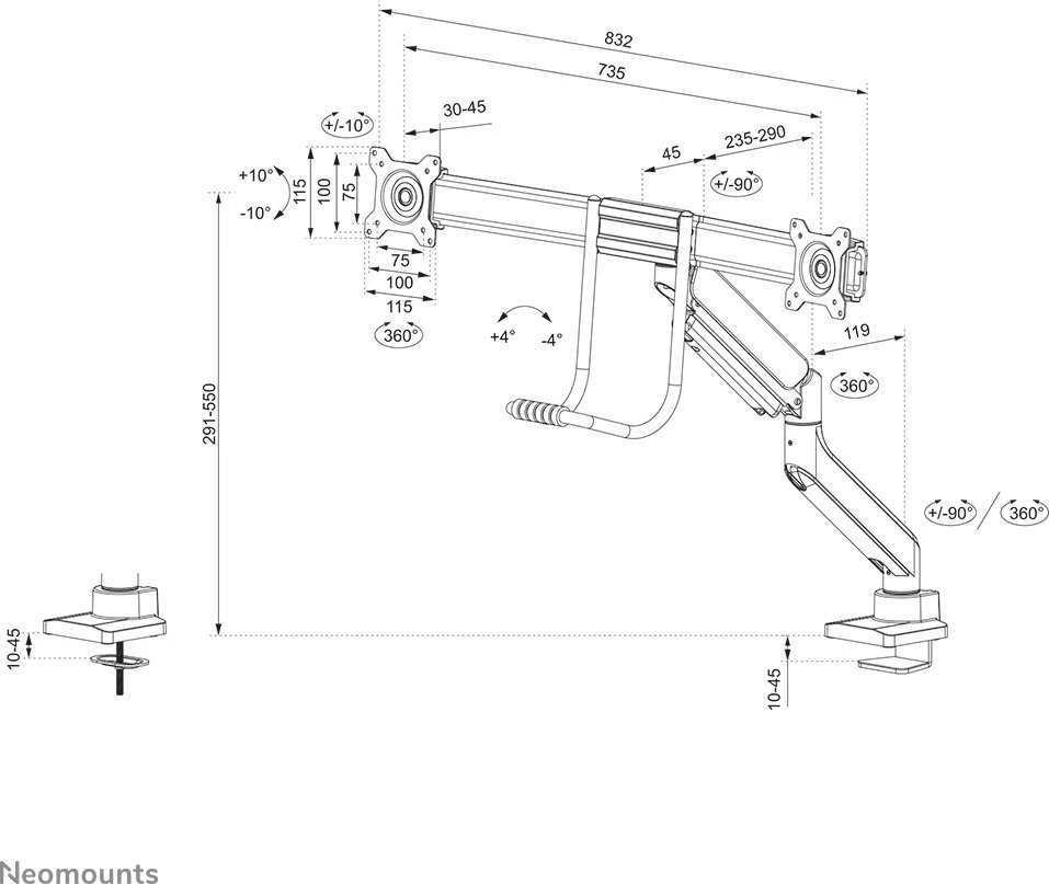 Laikiklis NEOMOUNTS BY NEWSTAR DS75-450WH2 FULL MOTION MONITORIUS DESK MOUNT FOR 17-32" SCREENS - Baltas
