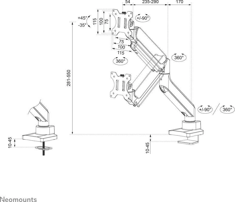 Laikiklis NEOMOUNTS BY NEWSTAR DS70-450WH1 FULL MOTION MONITORIUS DESK MOUNT FOR 17-42" SCREENS - Baltas