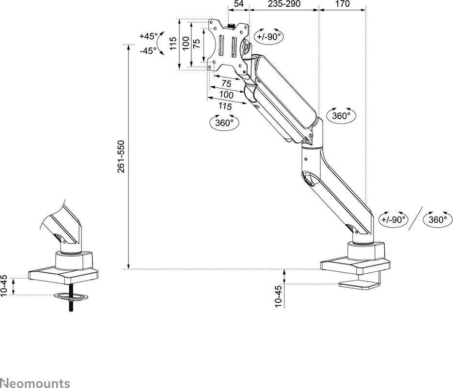 Laikiklis NEOMOUNTS PAGAL NEWSTAR STALO MOUNT 1 ULTRA PLAČIAUS LENKAS EKRANOS (TOPFIX CLAMP & GROMMET)