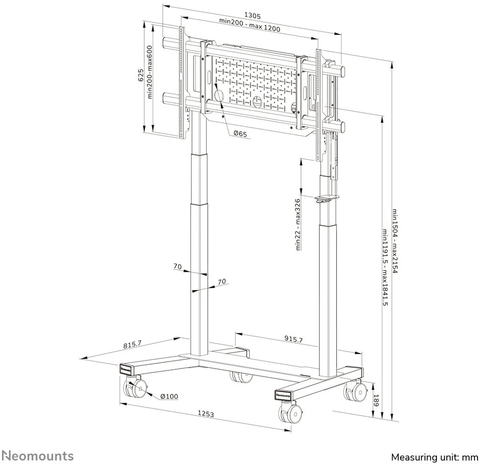 Laikiklis „NEOMOUNTS MOVE LIFT XL“ MOTORIZUOTAS MOBILUSIS STOVAS SU SANDĖLIAVIMO DĖŽE, 10 CM, RATUKAI, GRINDYS – VESA MAX 1200X600
