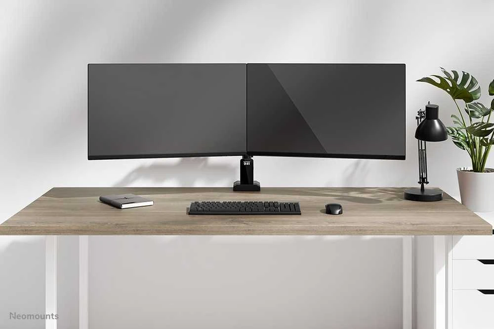 NEOMOUNTS NERO DVIGUBAS PLOKŠČIO EKRANO STALO MONTAVIMAS (TELEFONO LAIKIKLIS + QUICK-FIX spaustukas / GROMMET)